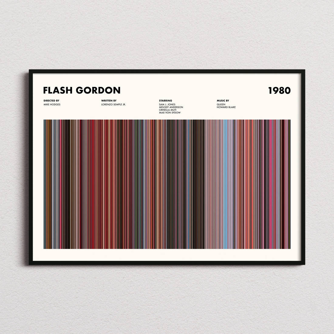 Flash Gordon Movie Barcode Poster framed and photographed straight on