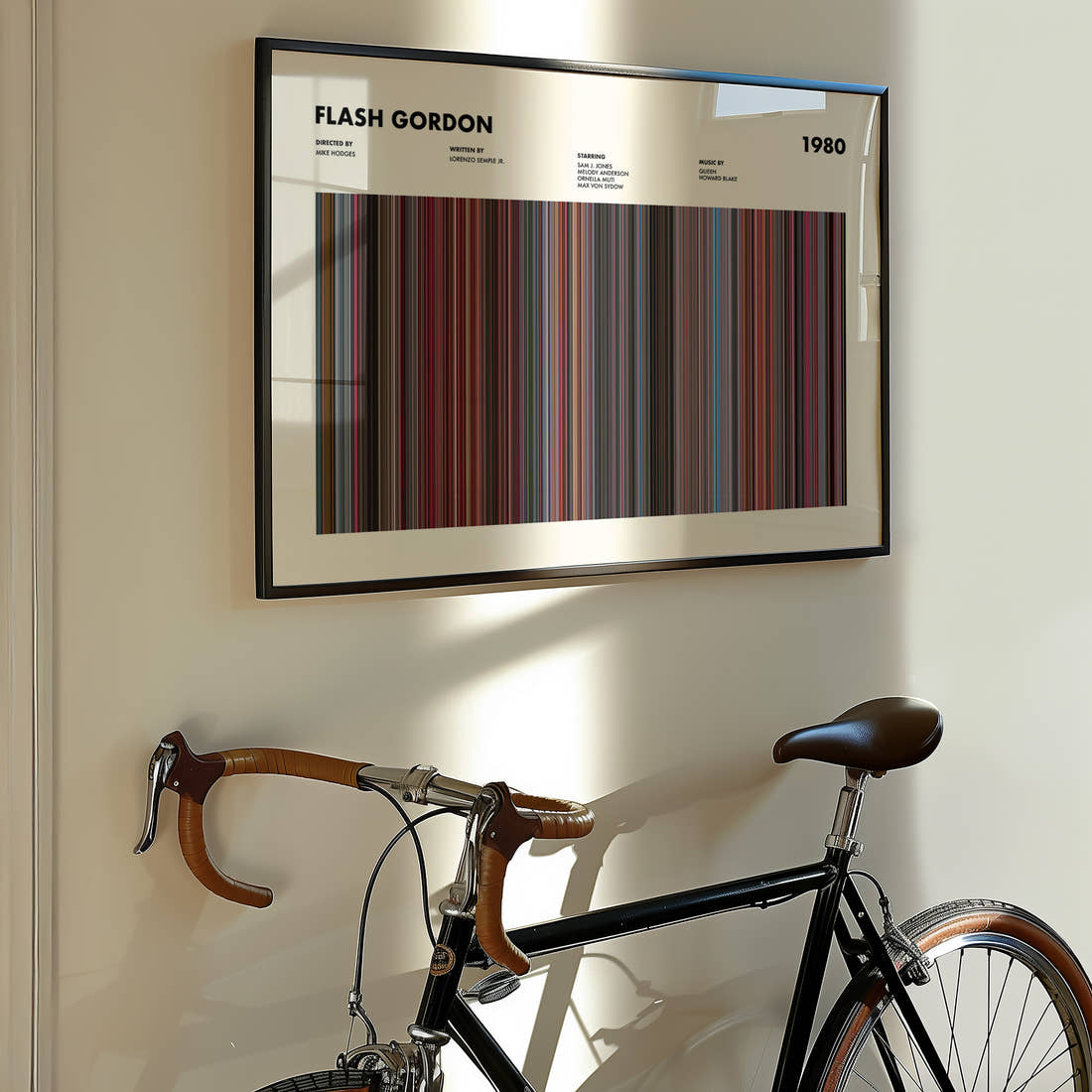Flash Gordon Movie Barcode Poster framed on the wall of a styled room setting