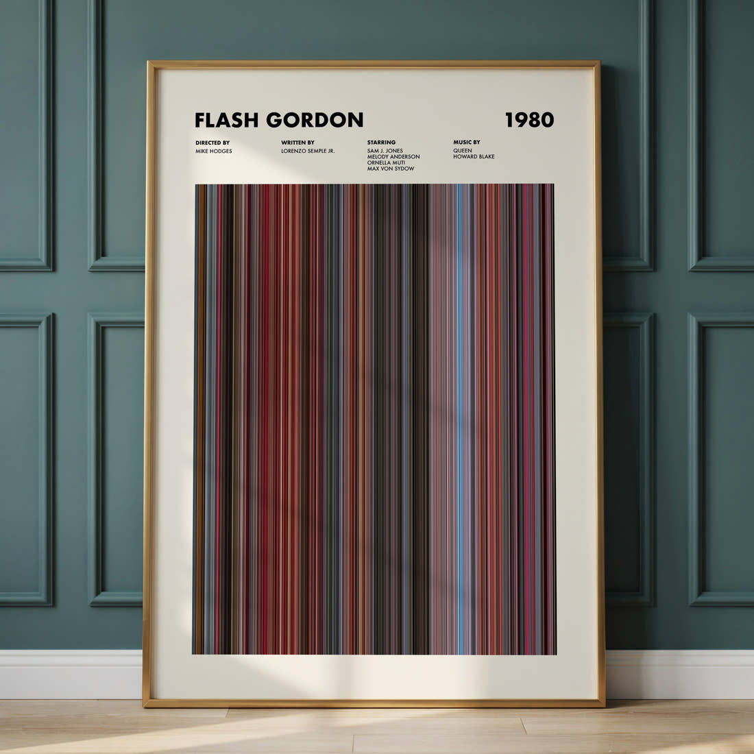 Flash Gordon Movie Barcode Poster framed and leaning against a panelled wall