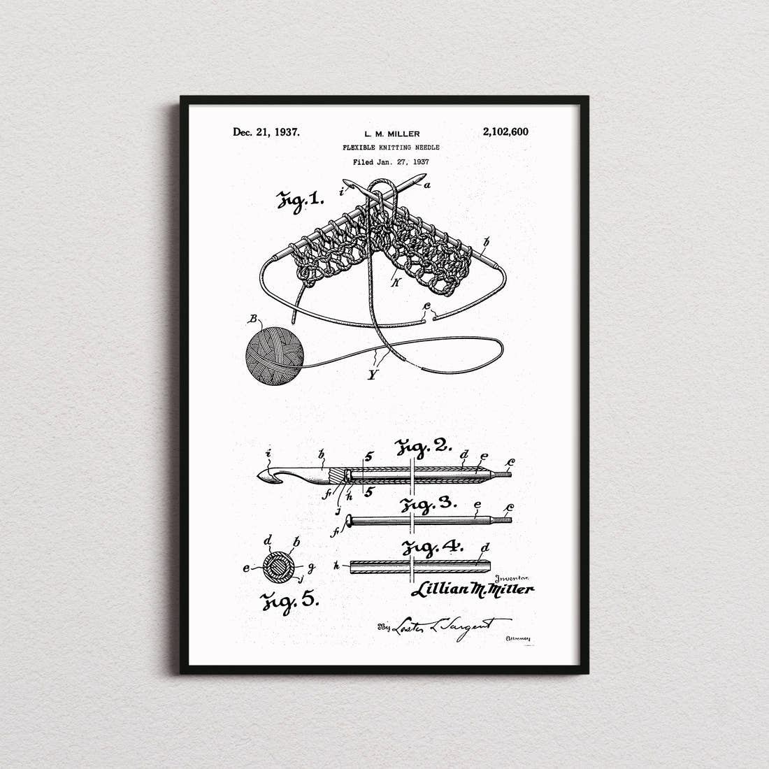Flexible Knitting Needle Patent Print in the white colourway, framed