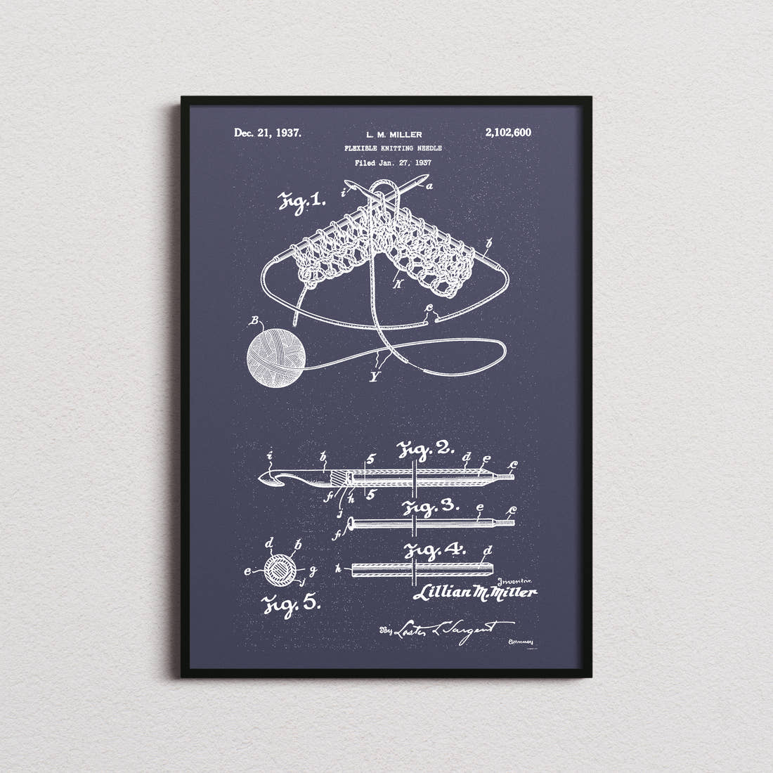 Flexible Knitting Needle Patent Print in the navy colourway, framed