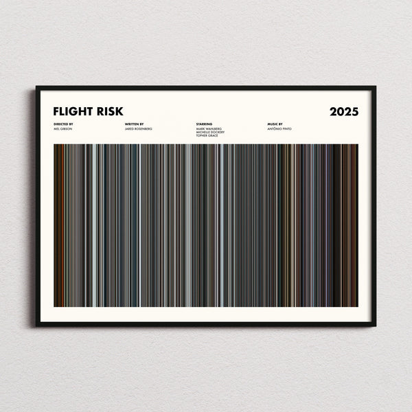 Flight Risk Movie Barcode Poster framed and photographed straight on