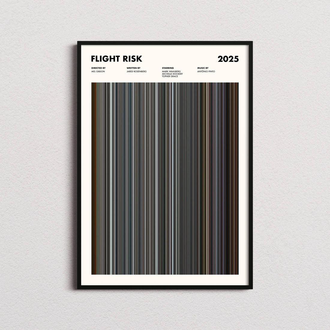 Flight Risk Movie Barcode Poster framed on a plain studio wall