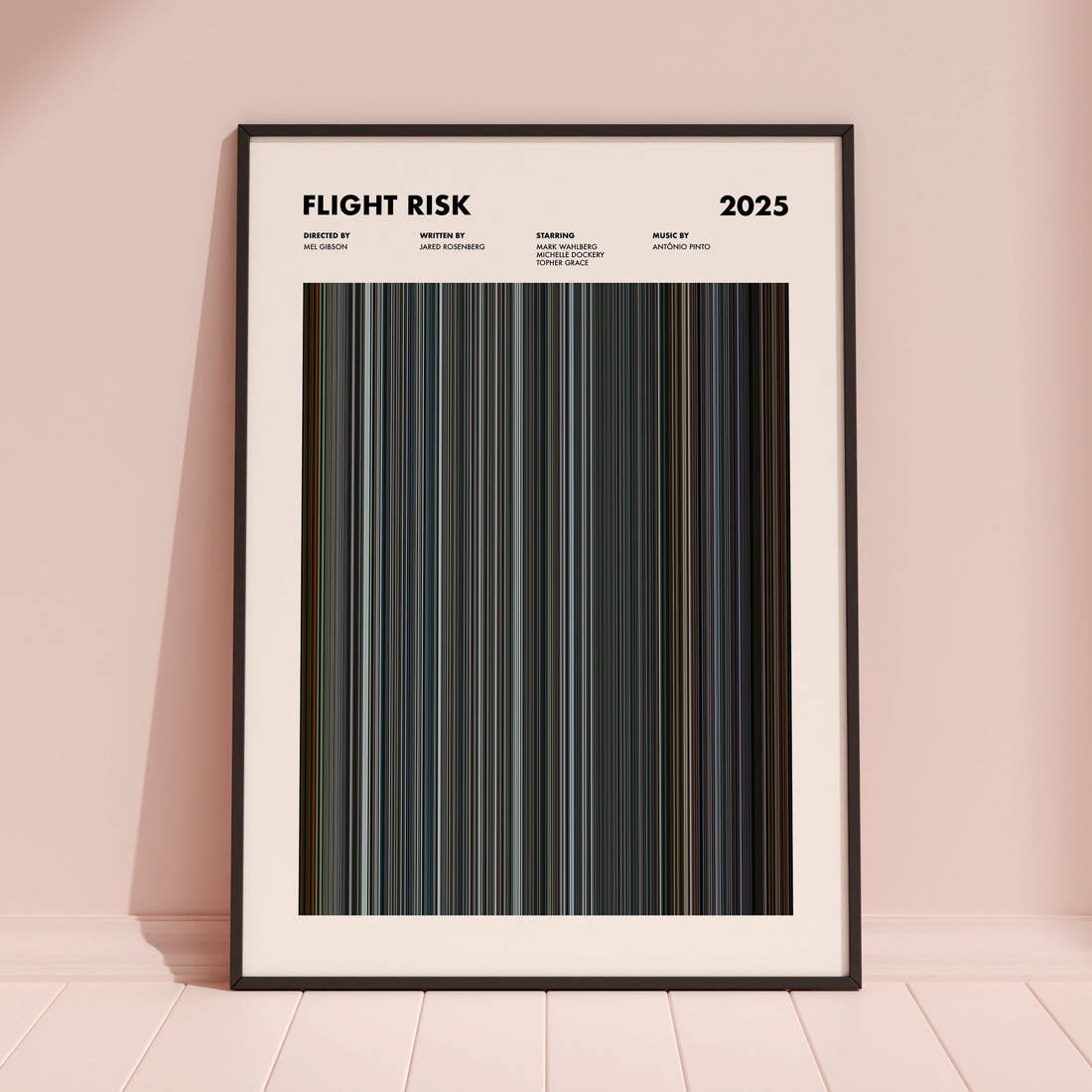 Flight Risk Movie Barcode Poster framed and leaning against a coloured wall