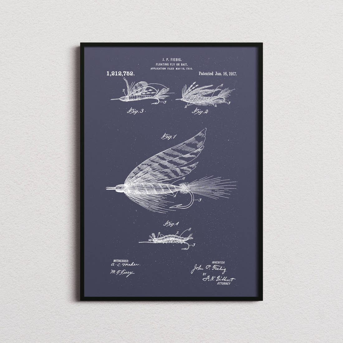 Floating Fly Or Bait Patent Print in the navy colourway, framed