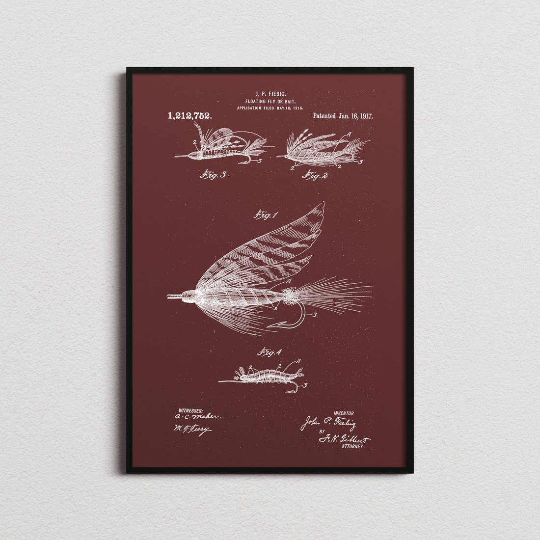 Floating Fly Or Bait Patent Print in the burgundy colourway, framed