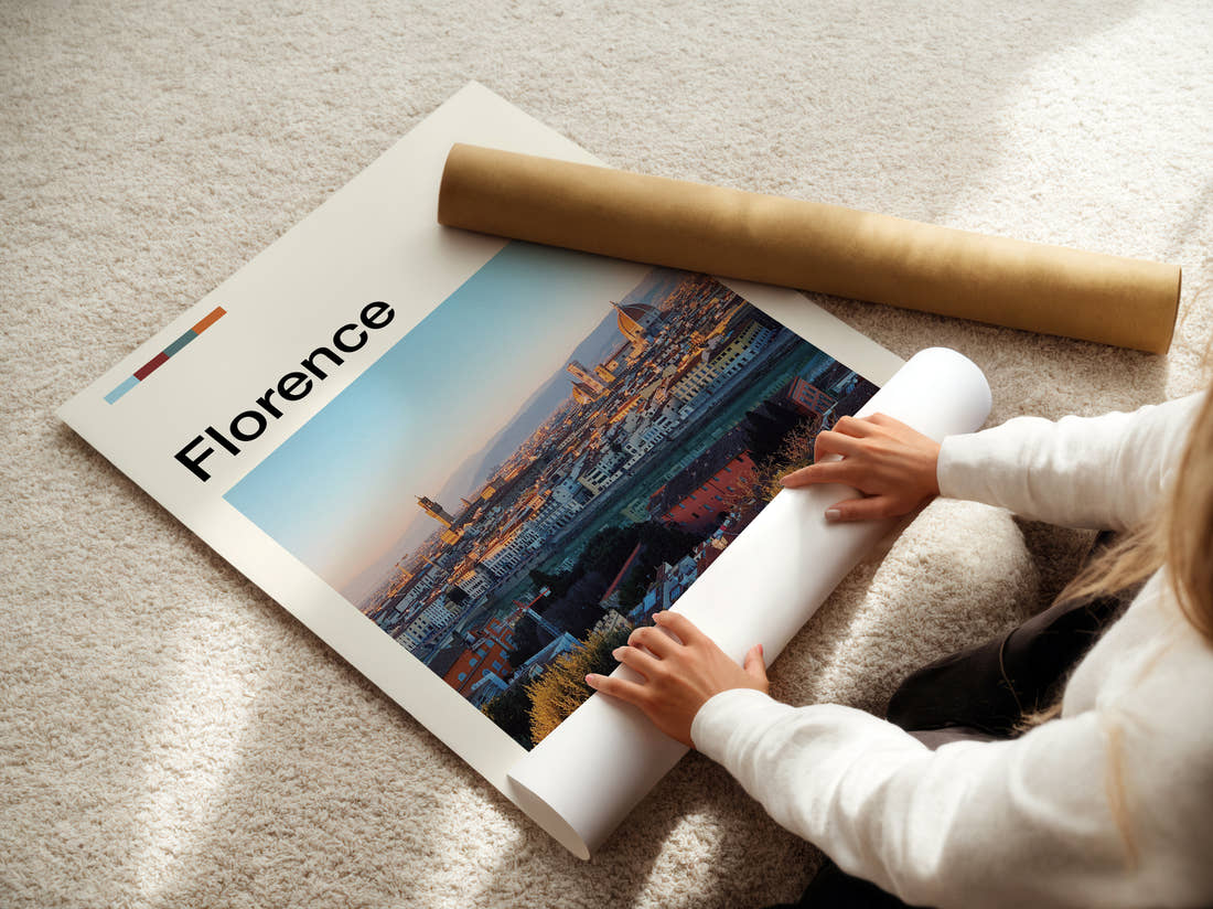 Florence Duomo And City Skyline Travel Print being unrolled from its postal tube