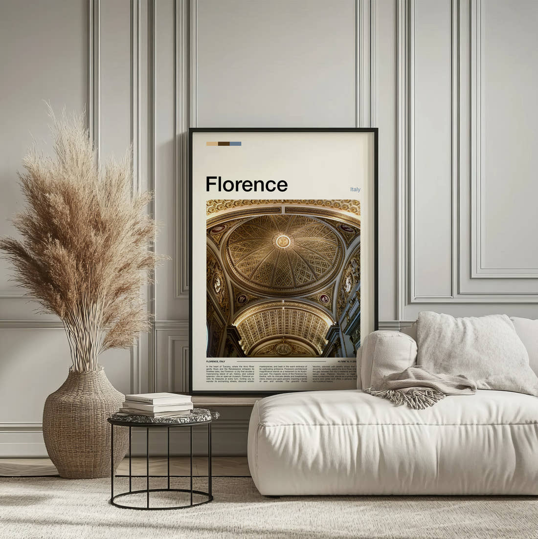 Florence Ornate Domed Ceiling Travel Print framed on the wall of a calm, neutral bedroom