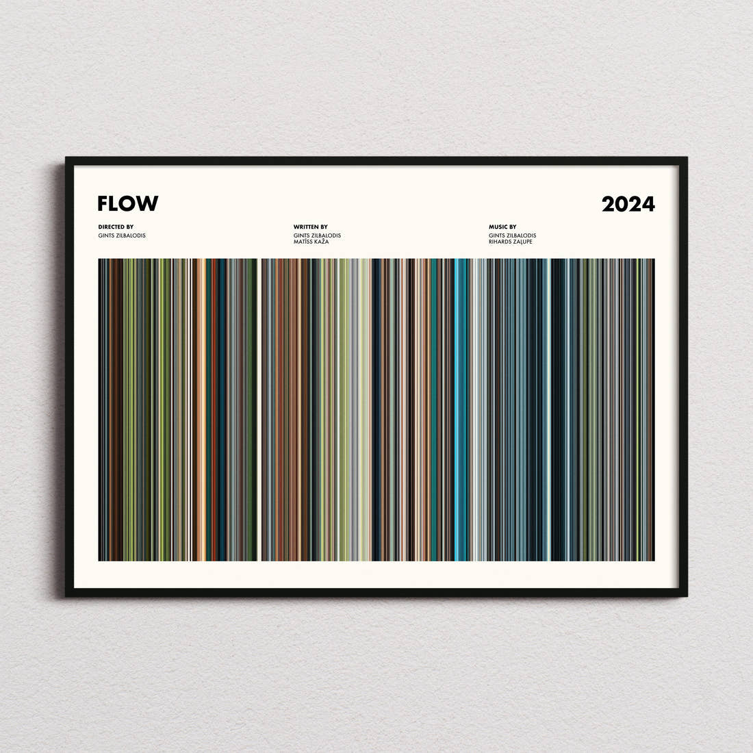 Flow Movie Barcode Poster framed and photographed straight on