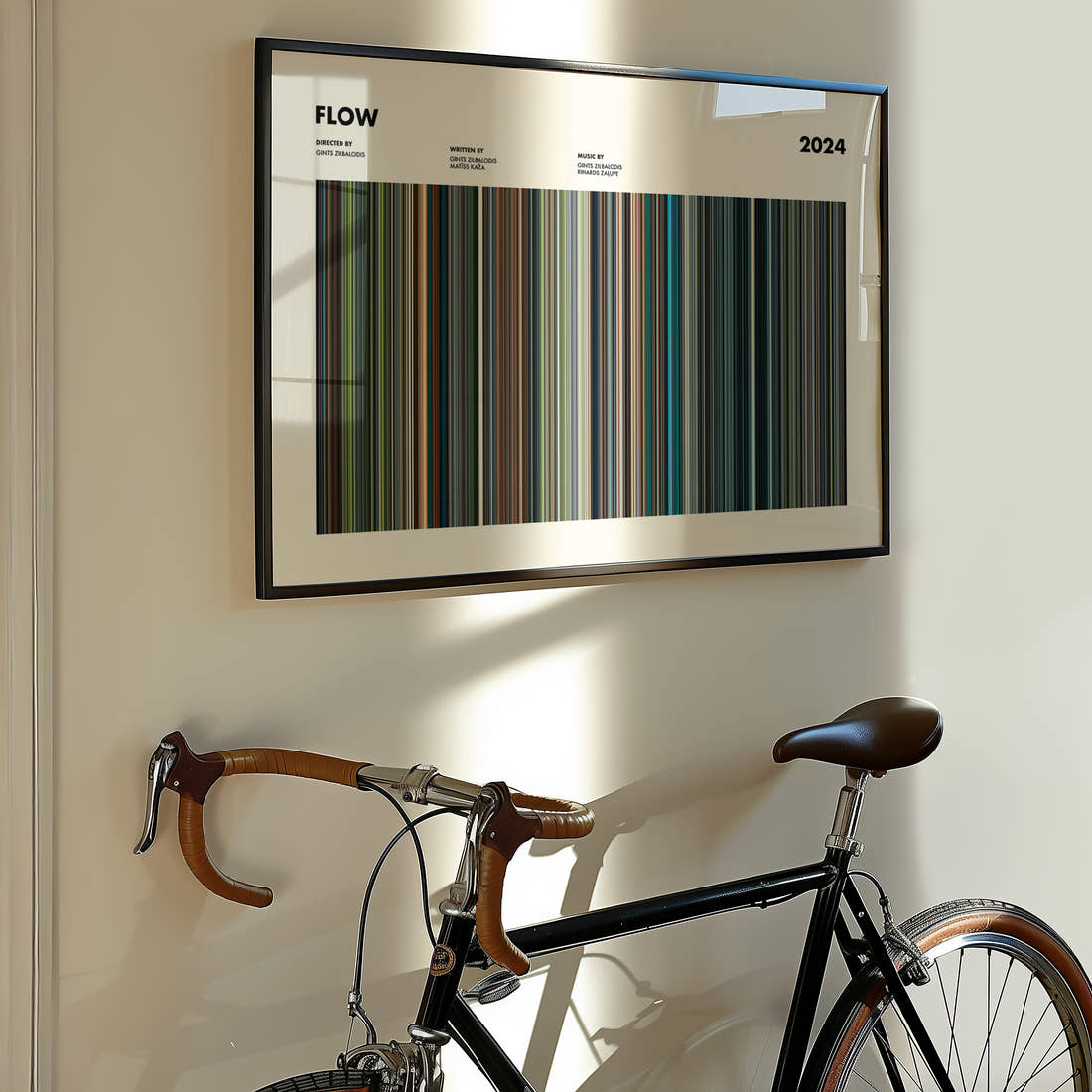 Flow Movie Barcode Poster framed on the wall of a styled room setting