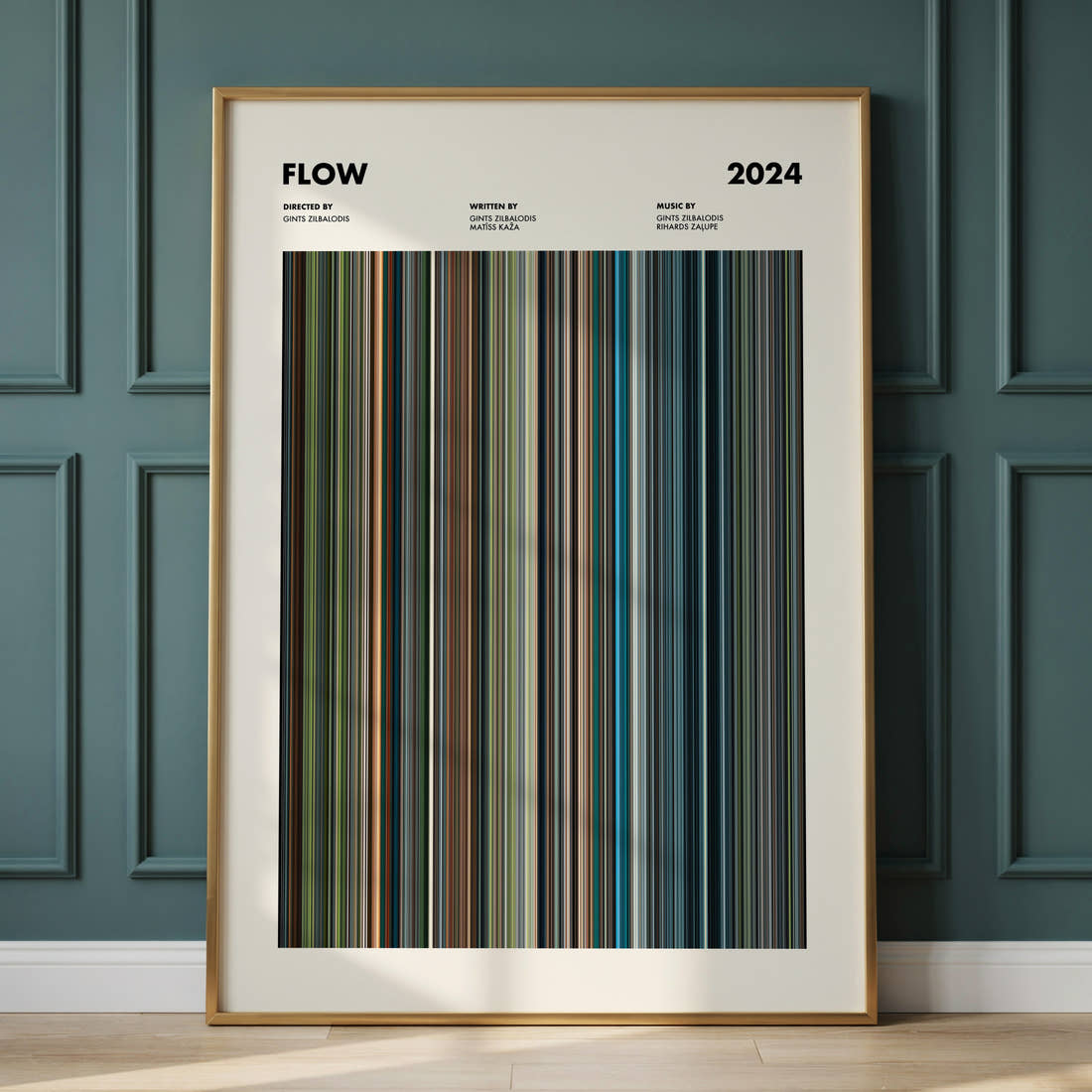 Flow Movie Barcode Poster framed and leaning against a panelled wall