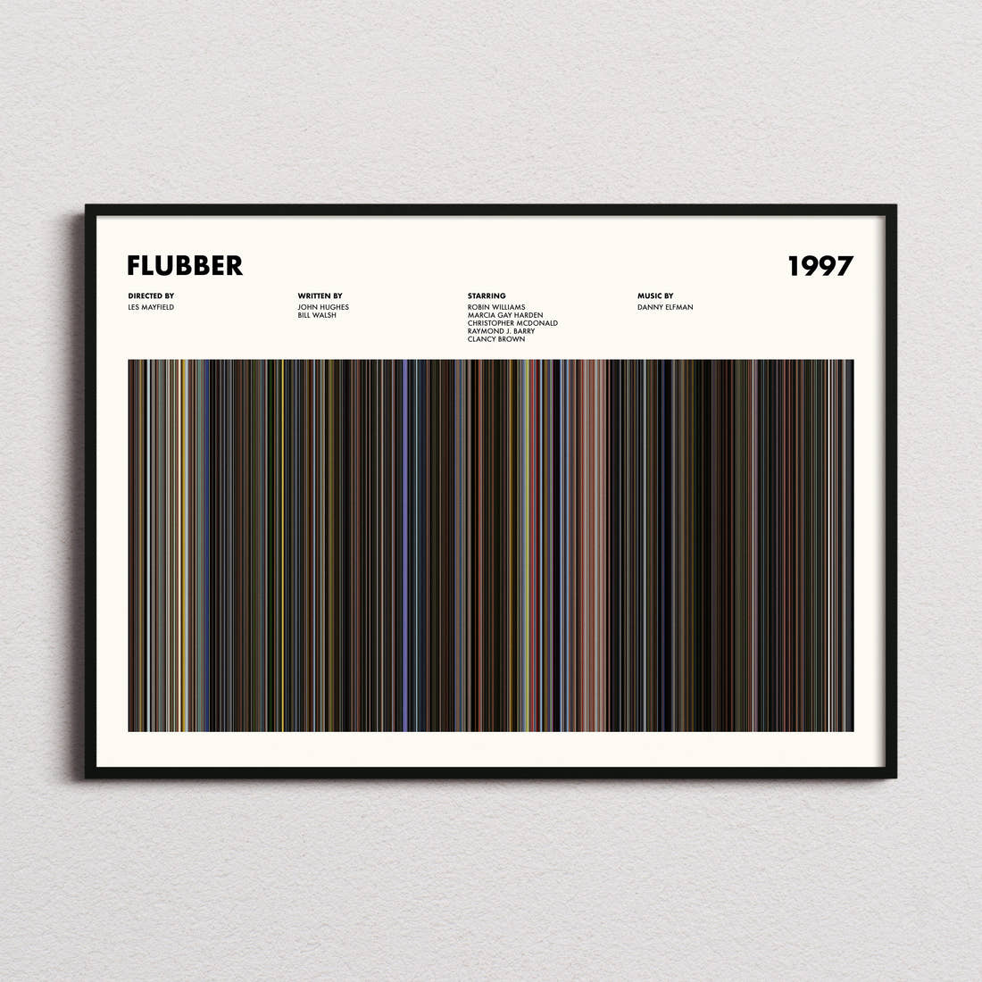 Flubber Movie Barcode Poster framed and photographed straight on