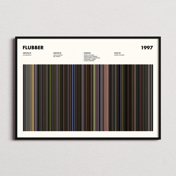 Flubber Movie Barcode Poster framed and photographed straight on