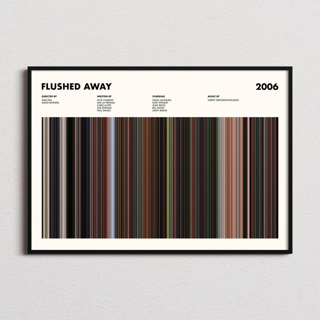 Flushed Away Movie Barcode Poster framed and photographed straight on