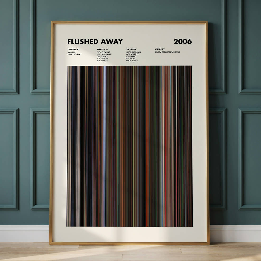 Flushed Away Movie Barcode Poster framed and leaning against a panelled wall