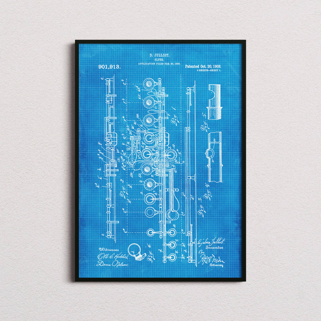 Flute Patent Print in the blueprint colourway, framed