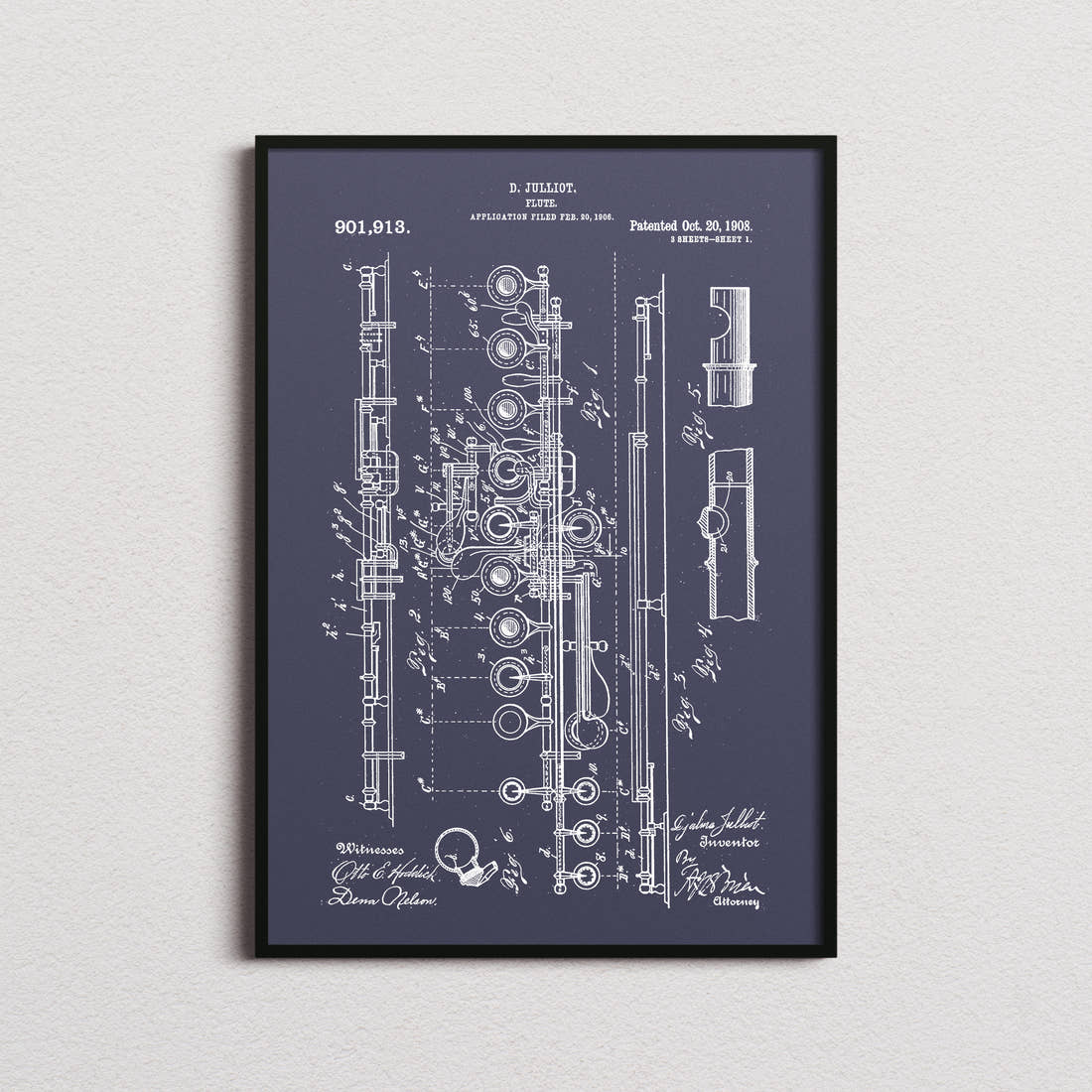 Flute Patent Print in the navy colourway, framed