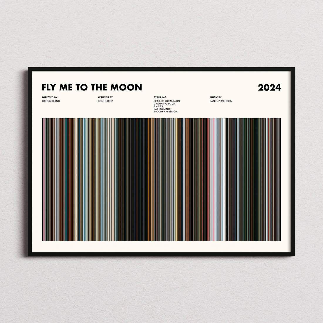 Fly Me to the Moon Movie Barcode Poster framed and photographed straight on