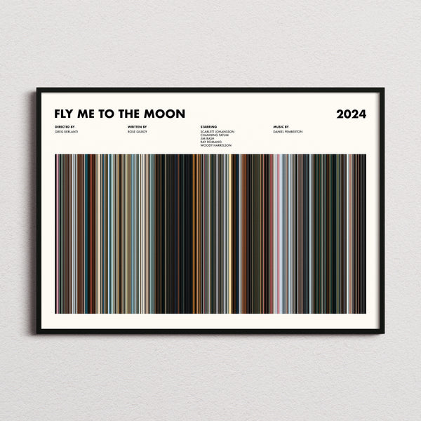 Fly Me to the Moon Movie Barcode Poster framed and photographed straight on