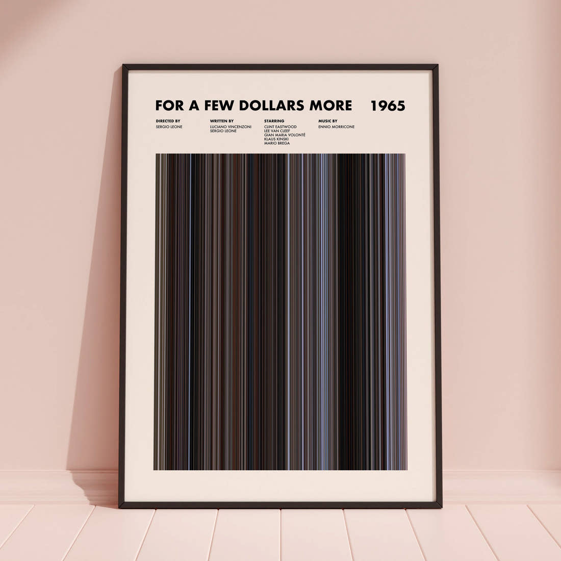 For a Few Dollars More Movie Barcode Poster framed and leaning against a coloured wall