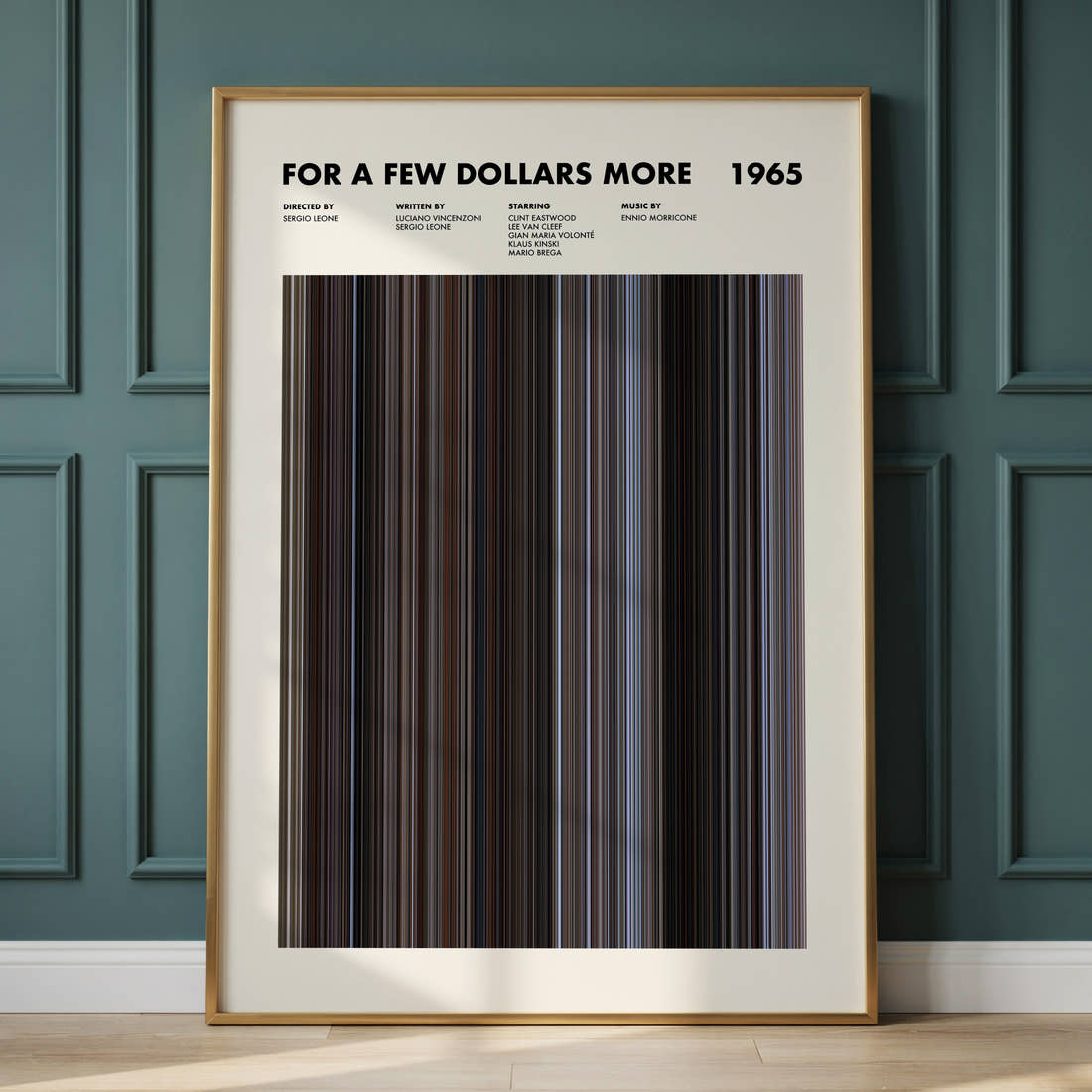 For a Few Dollars More Movie Barcode Poster framed and leaning against a panelled wall