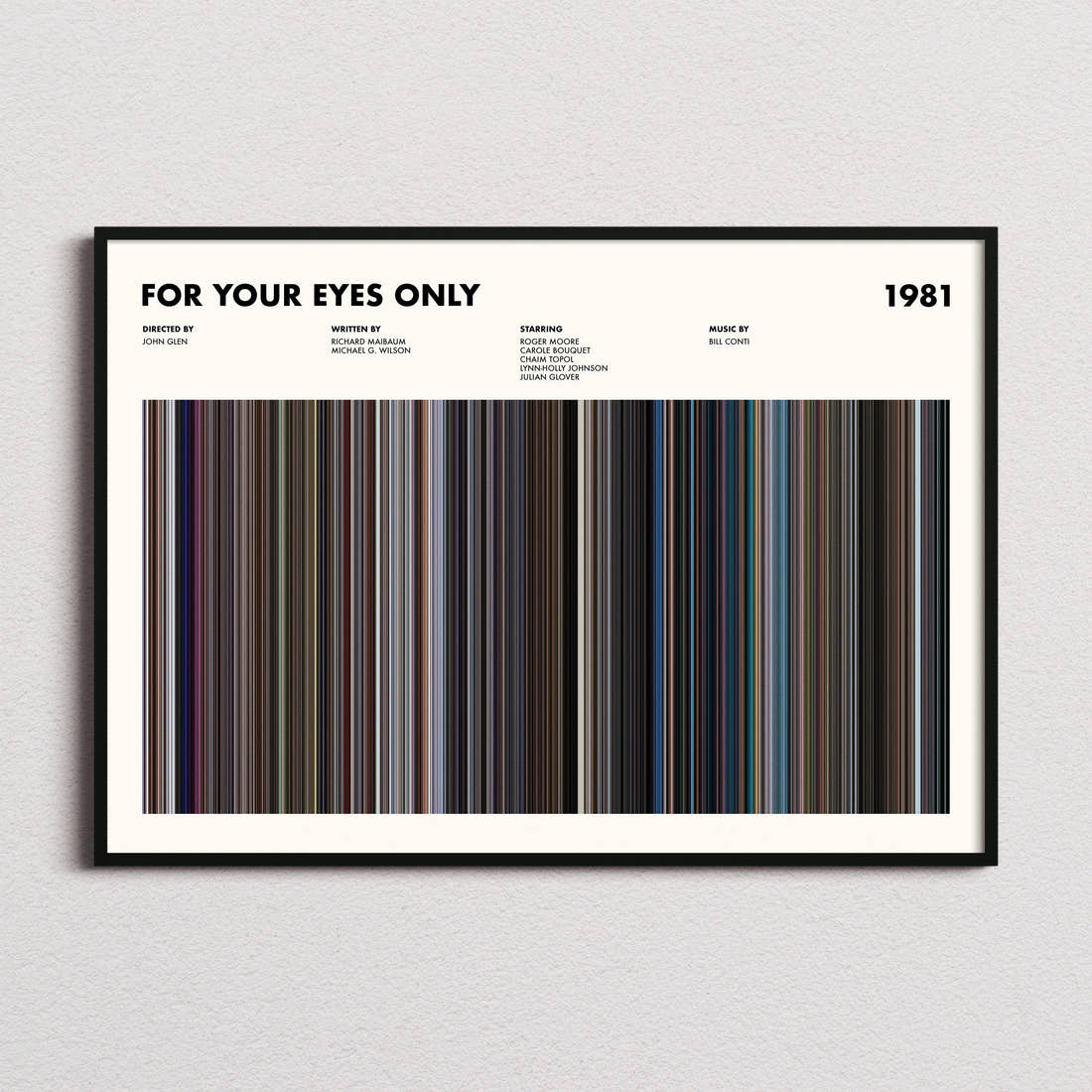 For Your Eyes Only Movie Barcode Poster framed and photographed straight on