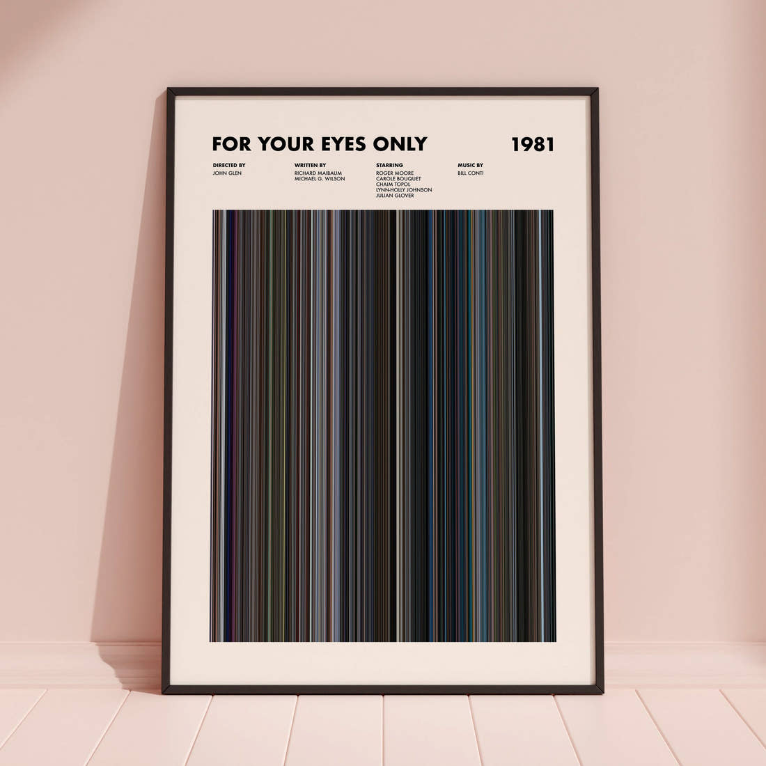 For Your Eyes Only Movie Barcode Poster framed and leaning against a coloured wall