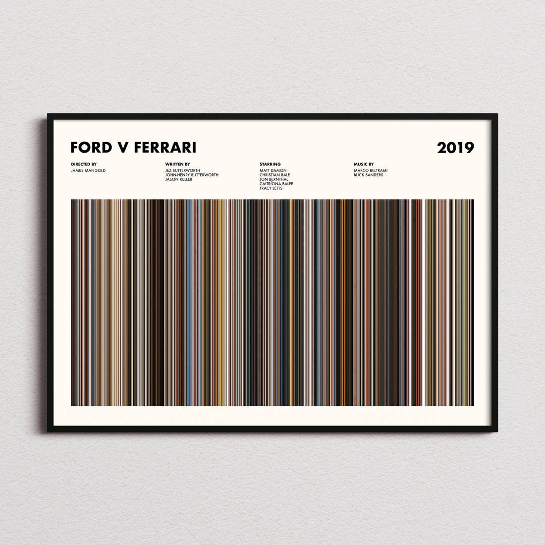 Ford v Ferrari Movie Barcode Poster framed and photographed straight on