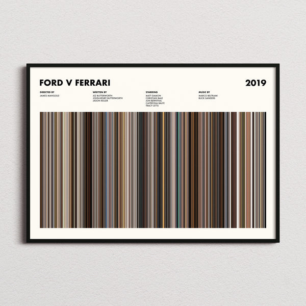 Ford v Ferrari Movie Barcode Poster framed and photographed straight on