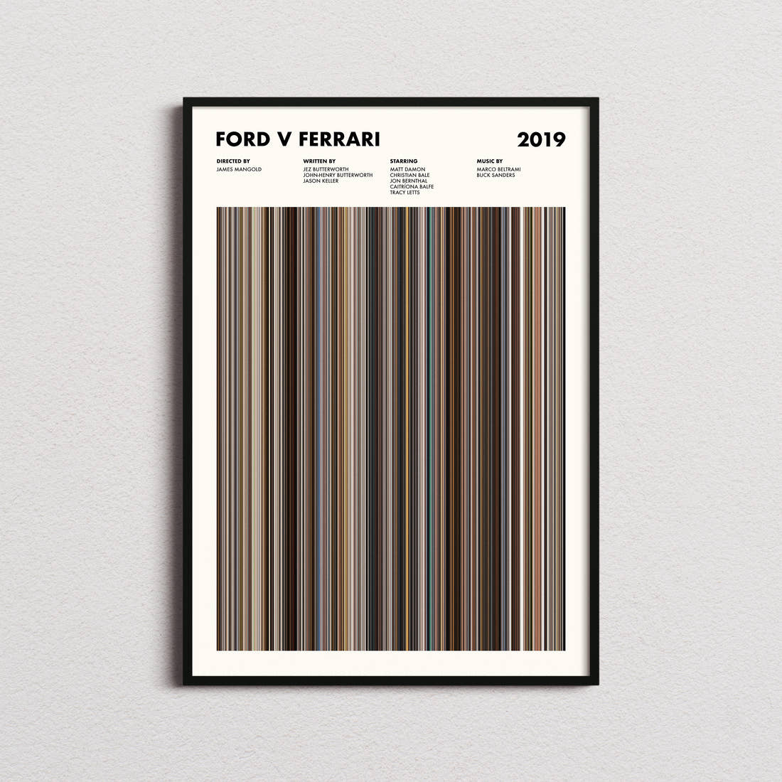 Ford v Ferrari Movie Barcode Poster framed on a plain studio wall