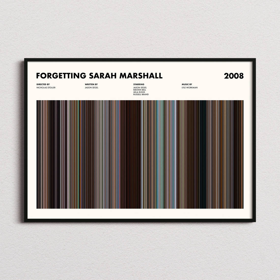 Forgetting Sarah Marshall Movie Barcode Poster framed and photographed straight on