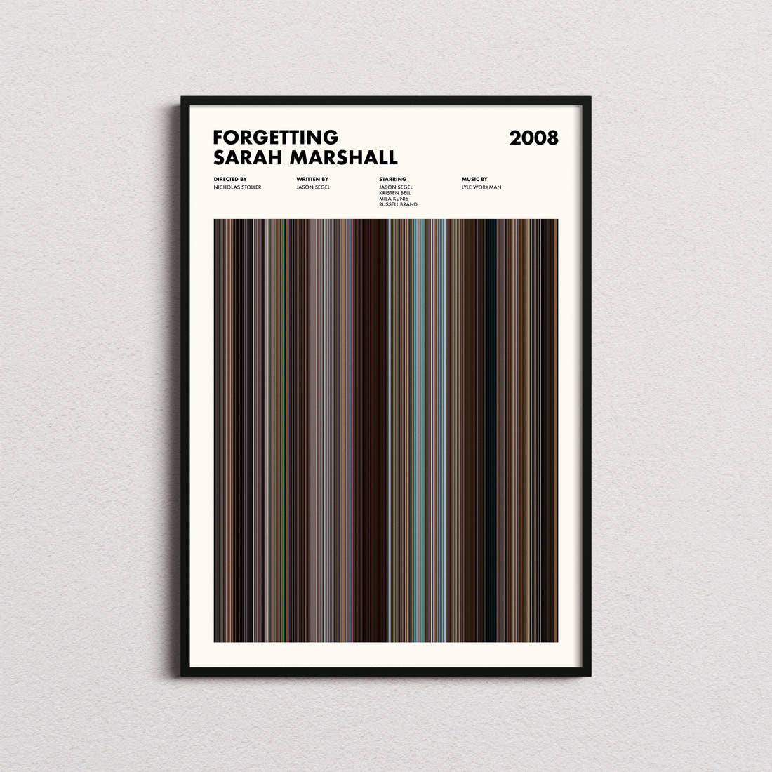 Forgetting Sarah Marshall Movie Barcode Poster framed on a plain studio wall