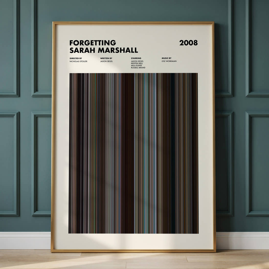 Forgetting Sarah Marshall Movie Barcode Poster framed and leaning against a panelled wall