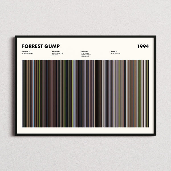 Forrest Gump Movie Barcode Poster framed and photographed straight on