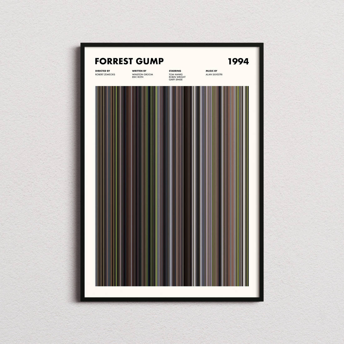 Forrest Gump Movie Barcode Poster framed on a plain studio wall