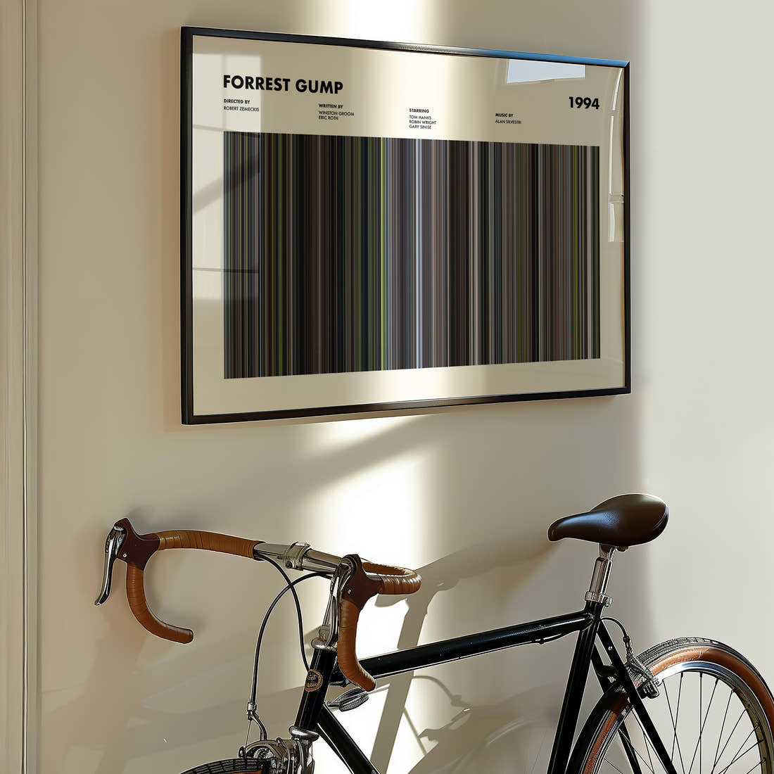 Forrest Gump Movie Barcode Poster framed on the wall of a styled room setting