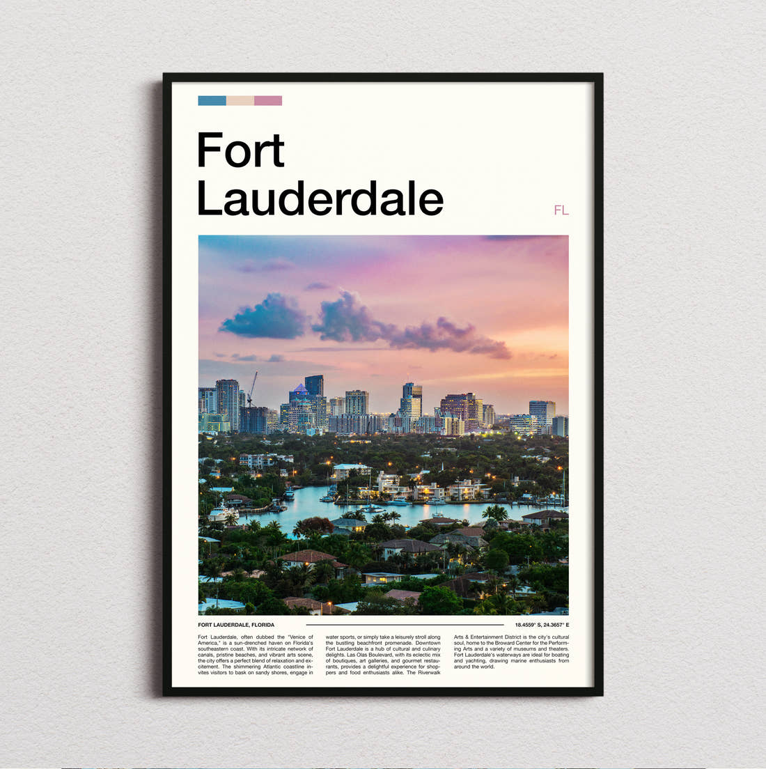 Fort Lauderdale Skyline At Sunset Travel Print framed and photographed straight on