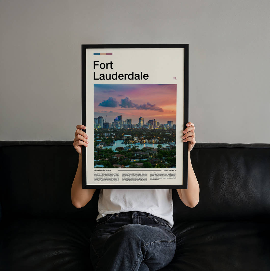 Fort Lauderdale Skyline At Sunset Travel Print held up by hand to show the size of the print