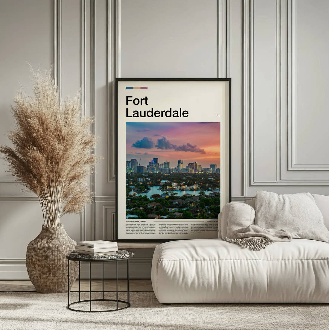 Fort Lauderdale Skyline At Sunset Travel Print framed on the wall of a calm, neutral bedroom