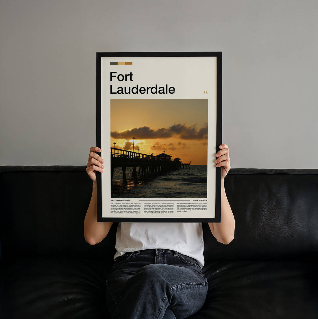 Fort Lauderdale Pier At Sunset Travel Print held up by hand to show the size of the print
