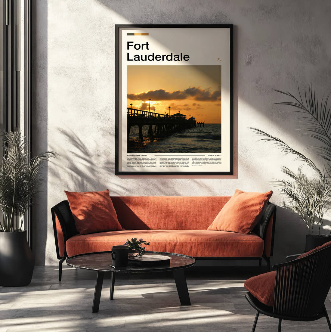 Fort Lauderdale Pier At Sunset Travel Print framed on the wall of a modern living room