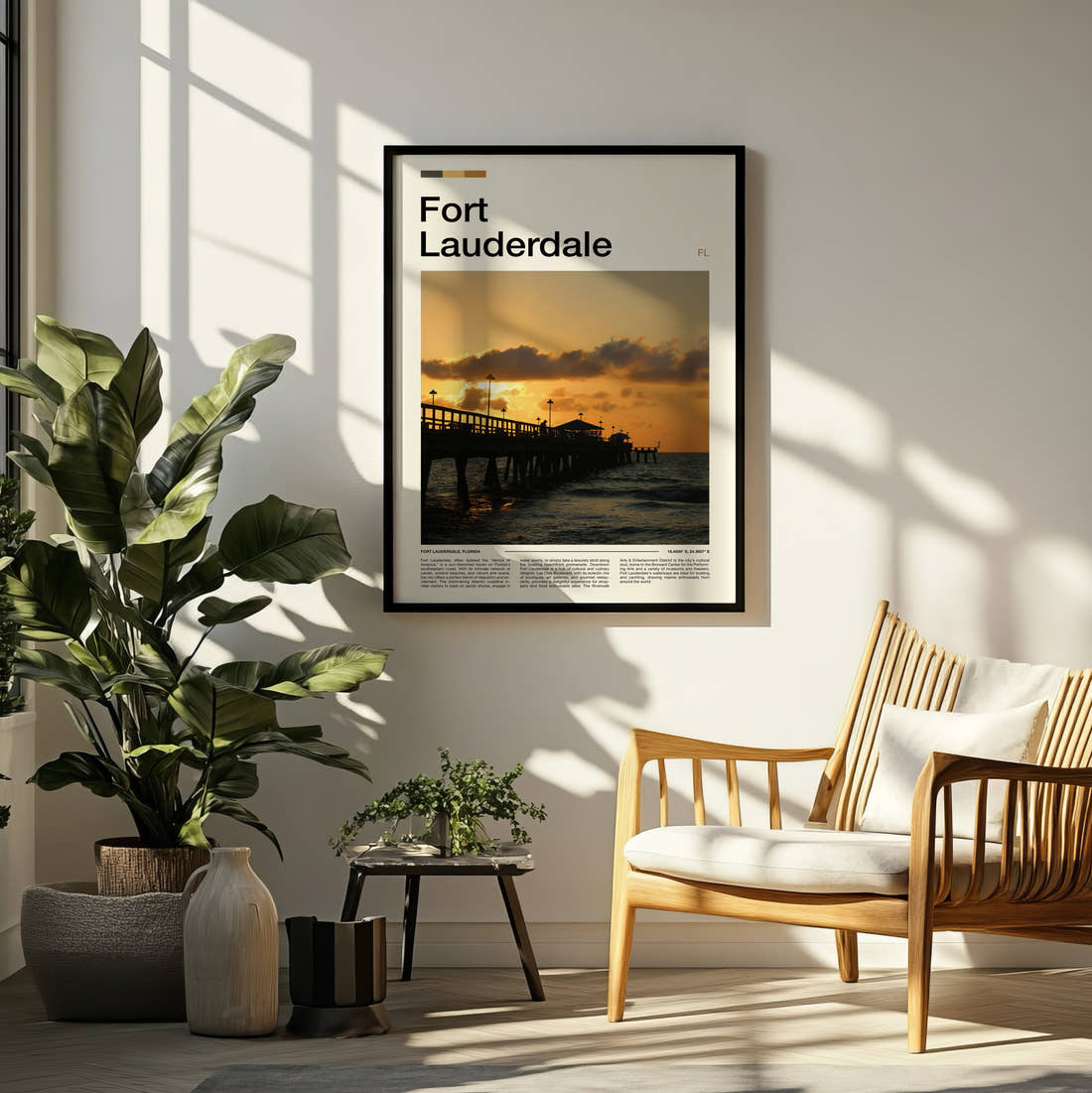 Fort Lauderdale Pier At Sunset Travel Print framed on a pale wall beside houseplants