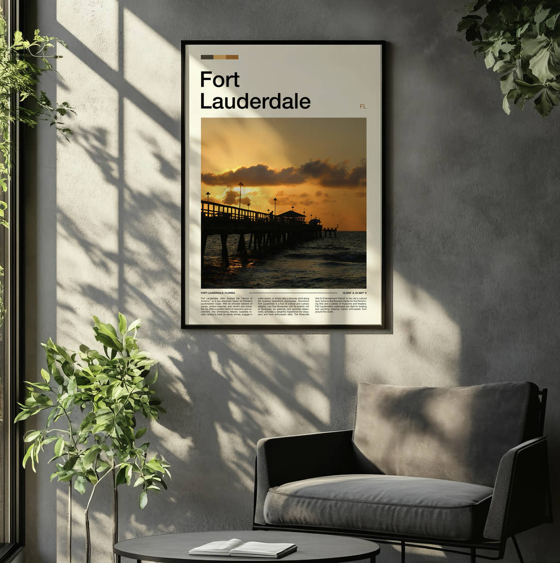Fort Lauderdale Pier At Sunset Travel Print framed on the wall of a relaxed living room