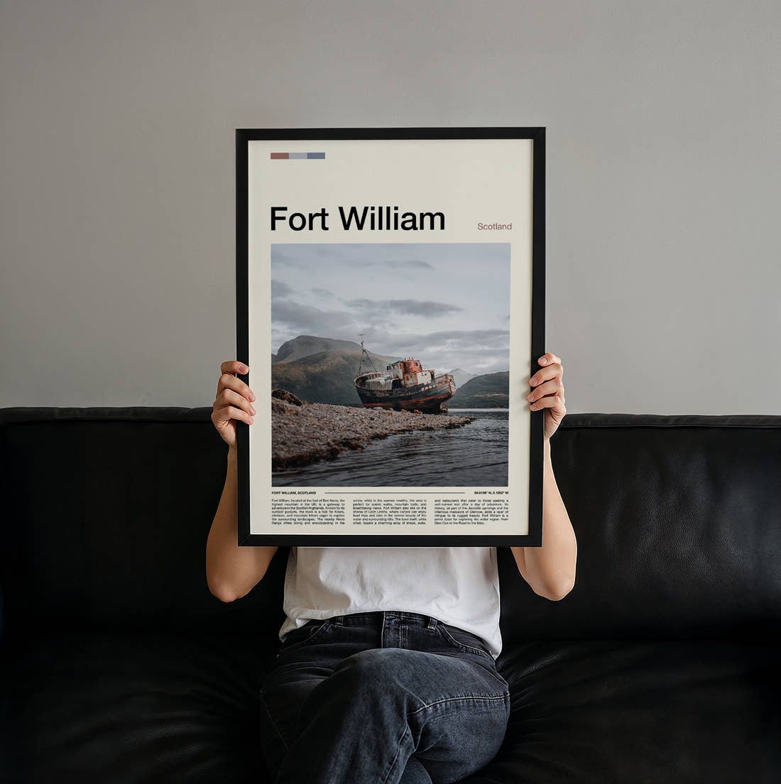 Fort William Shipwreck On The Shore Travel Print held up by hand to show the size of the print