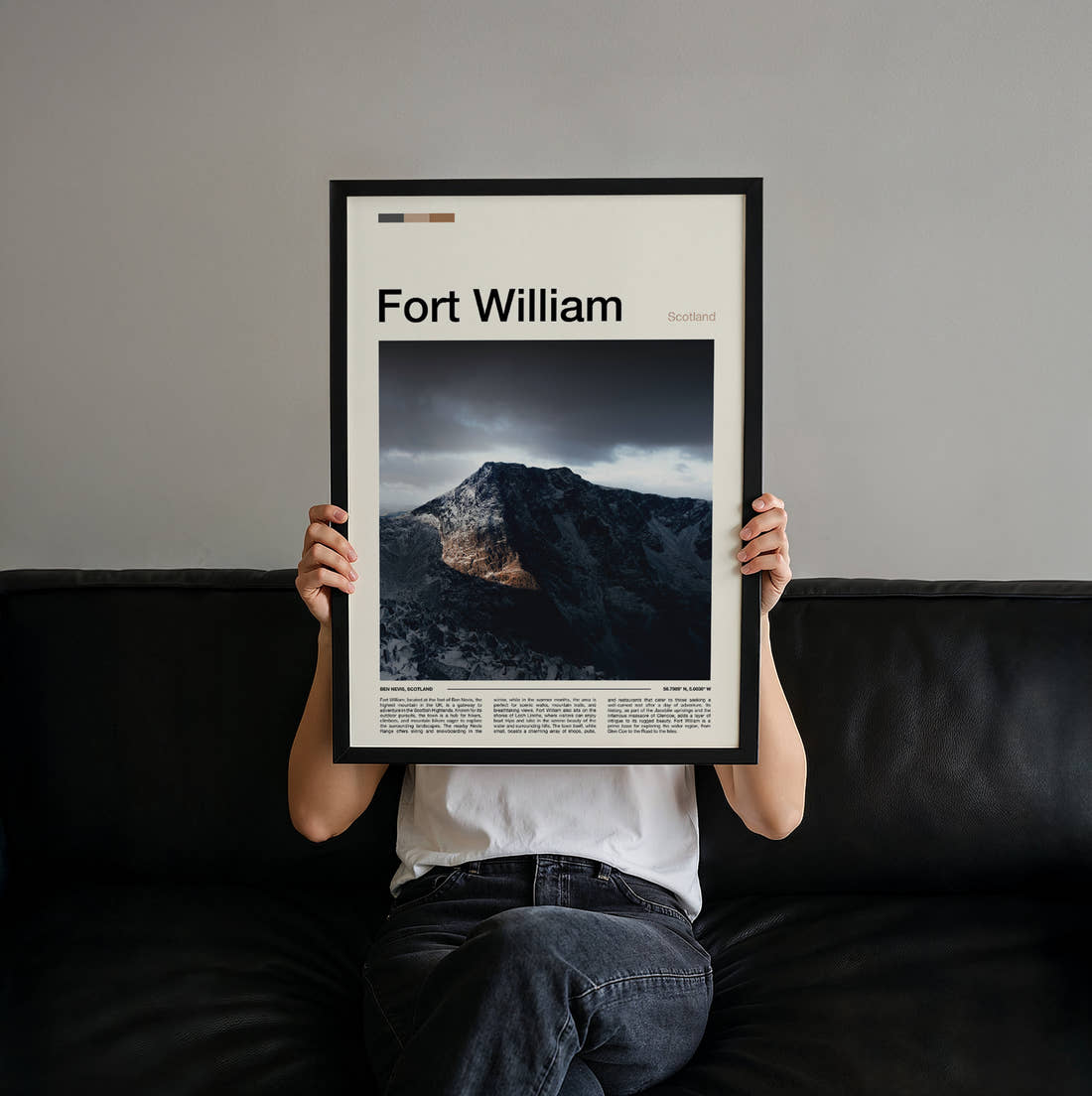 Fort William Stormy Mountain Peak Travel Print held up by hand to show the size of the print