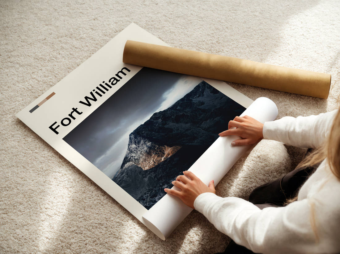 Fort William Stormy Mountain Peak Travel Print being unrolled from its postal tube