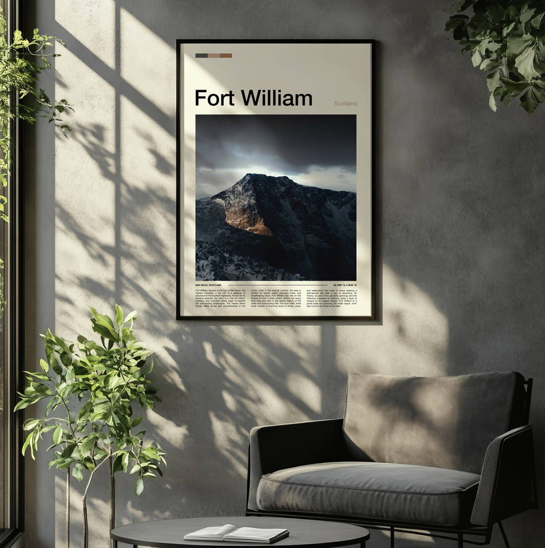 Fort William Stormy Mountain Peak Travel Print framed on the wall of a relaxed living room