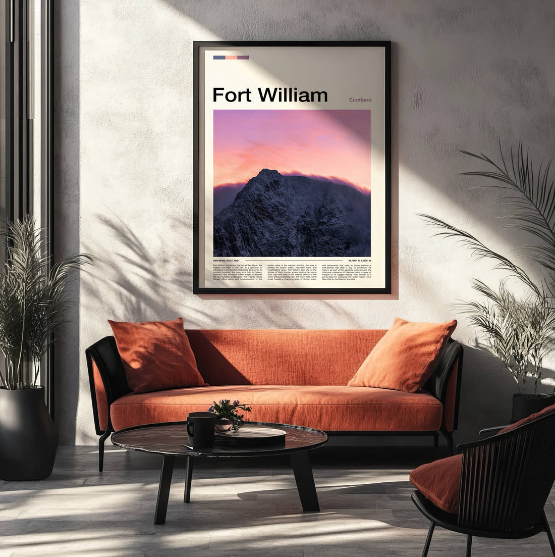 Fort William Mountain Under Pink Sky Travel Print framed on the wall of a modern living room