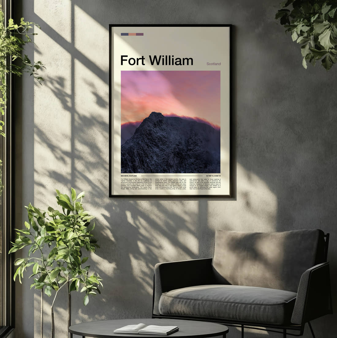 Fort William Mountain Under Pink Sky Travel Print framed on the wall of a relaxed living room