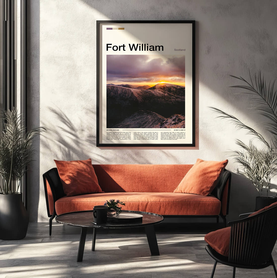 Fort William Sunset Over The Mountains Travel Print framed on the wall of a modern living room